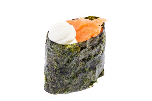 Gunkan sushi with salmon on white background isolated