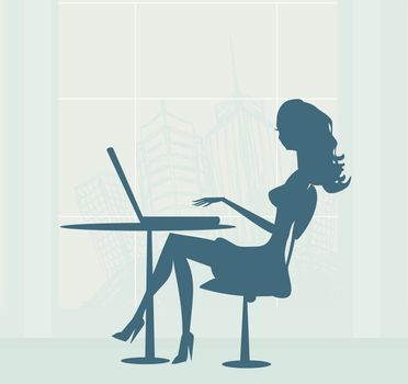 silhouettes secretary working with computer