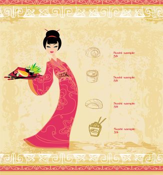 beautiful Asian girl enjoy sushi - menu template