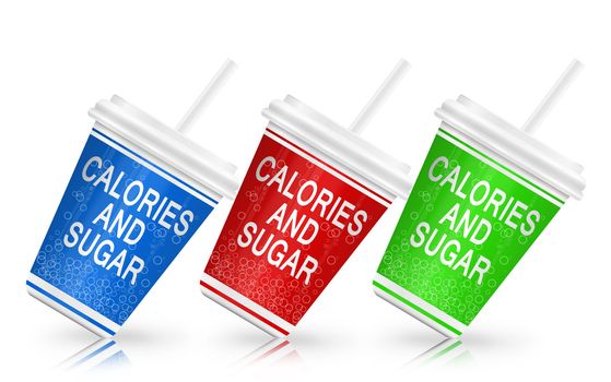 Illustration depicting three fast food drink containers with a sugar concept. Arranged over white background.