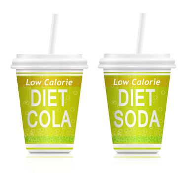 Illustration depicting two fast food diet drink containers. Arranged over white.