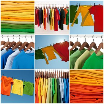 Variety of multicolored casual clothing and colorful laundry.