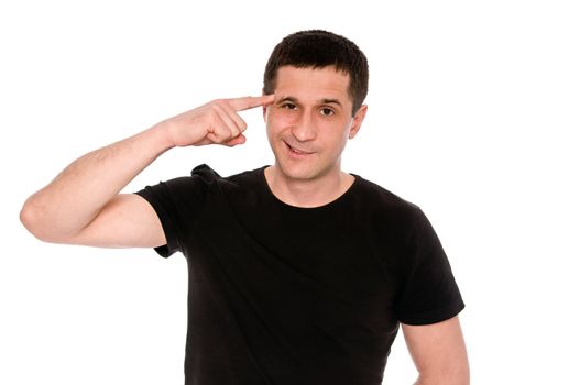 man in black T-shirt shows gesture crazy isolated on white background