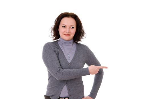 mid adult woman shows a hand something isolated on white background