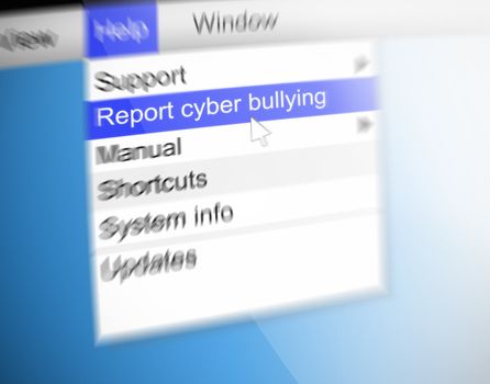 Illustration depicting text on a computer screen with a motion blur filter and the words REPORT CYBER BULLYING in focus.