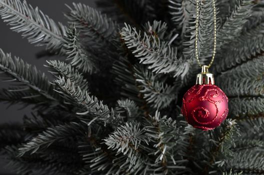 A single, red Christmas bauble, decorated in swirls of glitter, hanging from a slightly desaturated artificial green fir tree on the right side of the frame, with gold clasp and string.