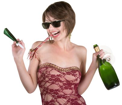 Female party girl with kazoo and wine bottle