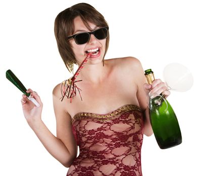 Happy lady with wine and party favors on white background