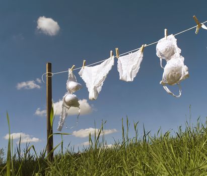 Female underwear on a clothesline towards blue sky