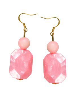 Earrings made of pink plastic on a white background. collage