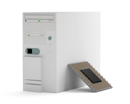 System Block And Processor. 3d model of computer and processor on a white background.