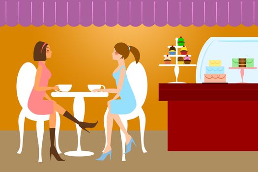 Two Woman Lady Friends Having Coffee at Cafe Cake Pastry Shop Illustration