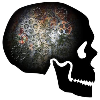 Skull Silhouette with Rusty Gears Texture Isolated on White Background Illustration
