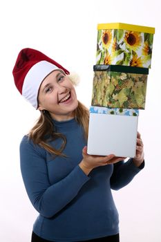 A gay girl in a new year cap with three boxes