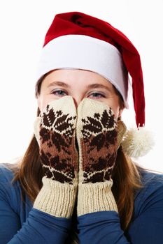 An image of a nice girl in a red  hat and mittens