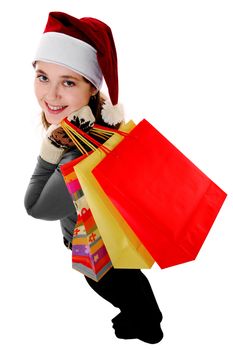 An image of a girl in red christmas cap with bags