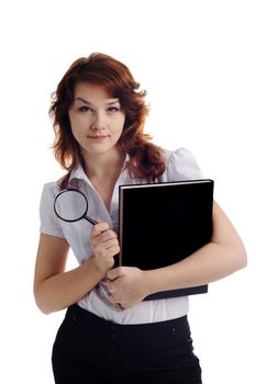 A nice woman with magnifying glass and a book