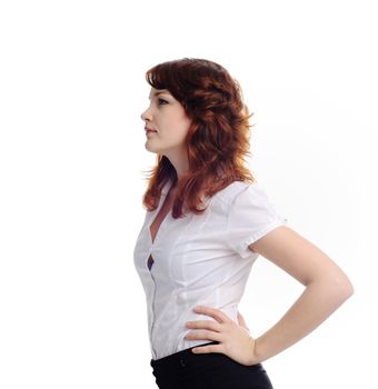 An image of a young woman in white blouse