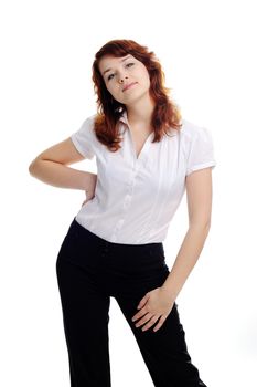 An image of cheerful young woman in white blouse