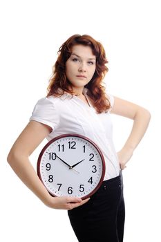 An image of a young woman with a big clock