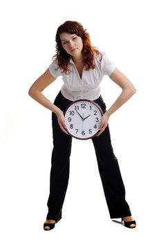 A portrait of a beautiful woman with big clock