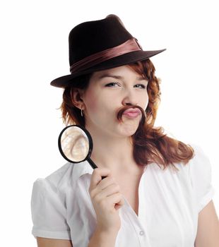 An image of a woman with magnifying glass