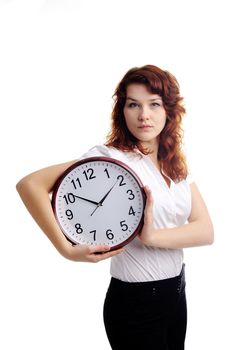 An image of a young woman with a big clock