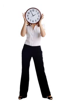 An image of a woman with big clock