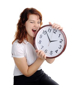 An image of a woman with big clock