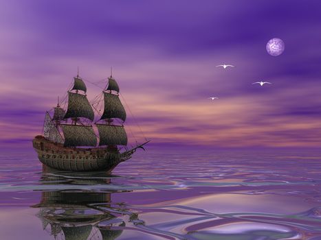 Flying Dutchman, pirate ship sailing in the moonlight next to bird in violet byckground