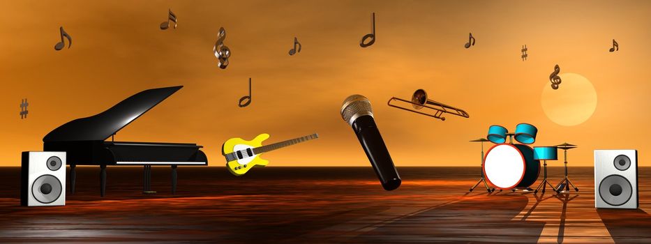 Gran piano, guitar, bass, drums, microphone and notes as a musical background