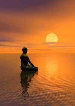 Man meditating in front of the sun and upon the ocean by beautiful sunset