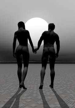 Lovers couple walking toward beautiful moonlight
