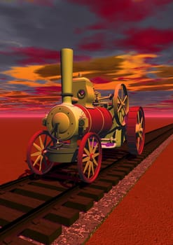 Old locomotive on a rail way in red cloudy background