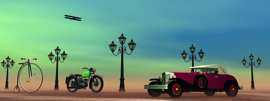 Old car, plane, motorbike and bicycle next to streetlamps in green background