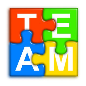 four multi-color puzzle pieces combined representing team concept