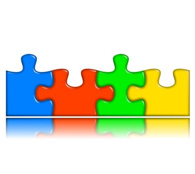four combined multi-color puzzle pieces with reflection representing cooperation and team work concept