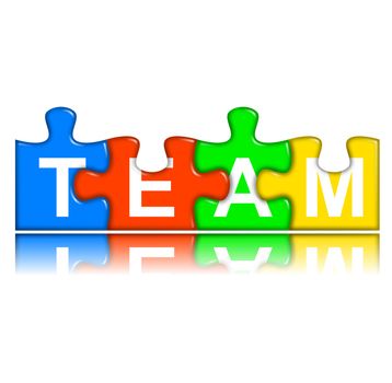 four multi-color puzzle pieces with reflection combined representing team concept