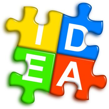 four multi-color puzzle pieces combined representing idea concept