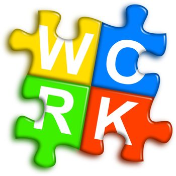 four multi-color puzzle pieces combined representing work concept