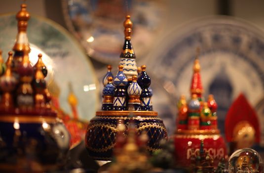 Showcase of with bright trinkets in the souvenir shop