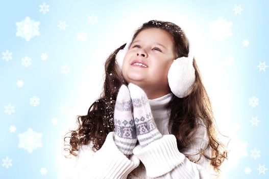 Winter Pleasant Girl snow flake blue  background