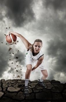 Basketball player running on grungy surface, real motion blur, artistic noise added for action  