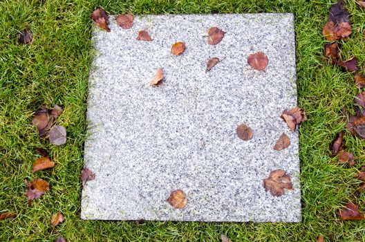 background of ancient marble tile surrounded by lawn and brown autumn leaves.
