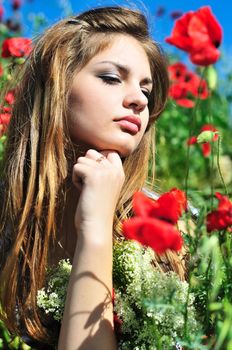 beautiful longhaired girl with relaxing in poppy field 