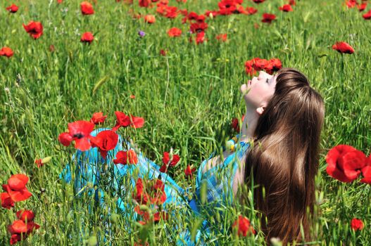 longhaired romantic young woman resting in poppy field 