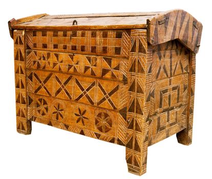 Antique hand-made wooden chest, Tripol culture ornament, Ukraine