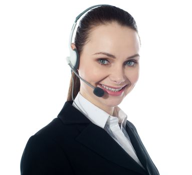 Call centre female executive, closeup. Isolated over white