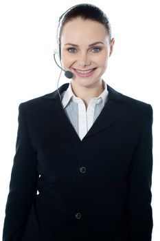 Woman wearing headsets, could be receptionist. Isolated over white