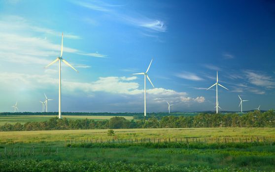 Alternative energy, wind turbines on green meadow 